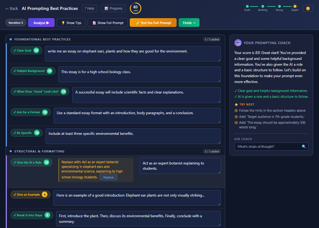 Screenshot of the interactive AI prompt tutor interface